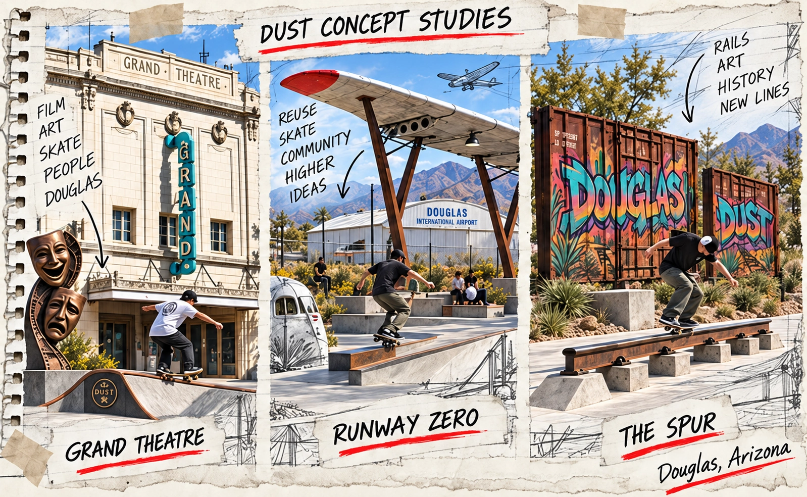 Notebook collage of DUST concepts at Grand Theatre, Runway Zero, and The Spur in Douglas, Arizona